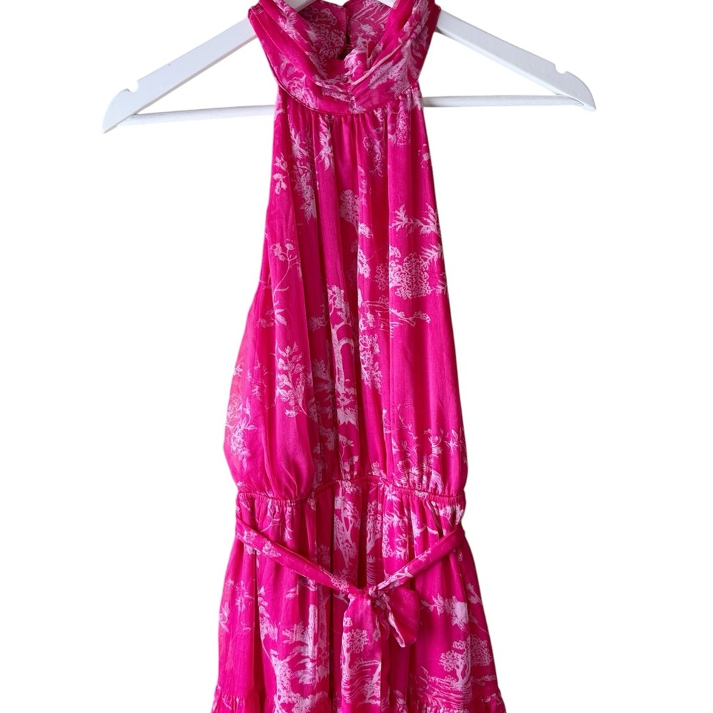 Lulus Float to You Hot Pink Floral Print Halter-Neck Tiered Midi Dress S Wedding - Picture 3 of 10